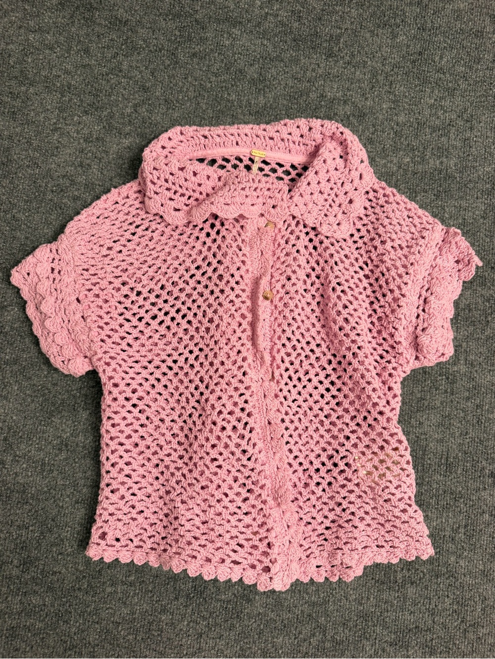 Free People Pink Crochet Short-Sleeve Button-Up Top
